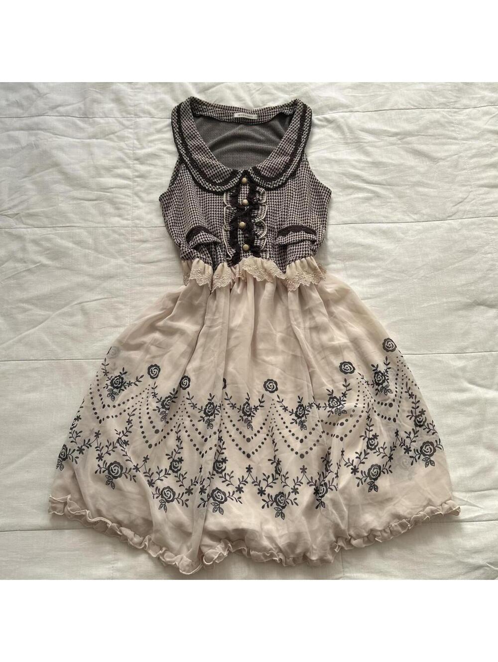 Axes Femme Brown Cream Rose Print Sleeveless Dress Coquette M Japan
